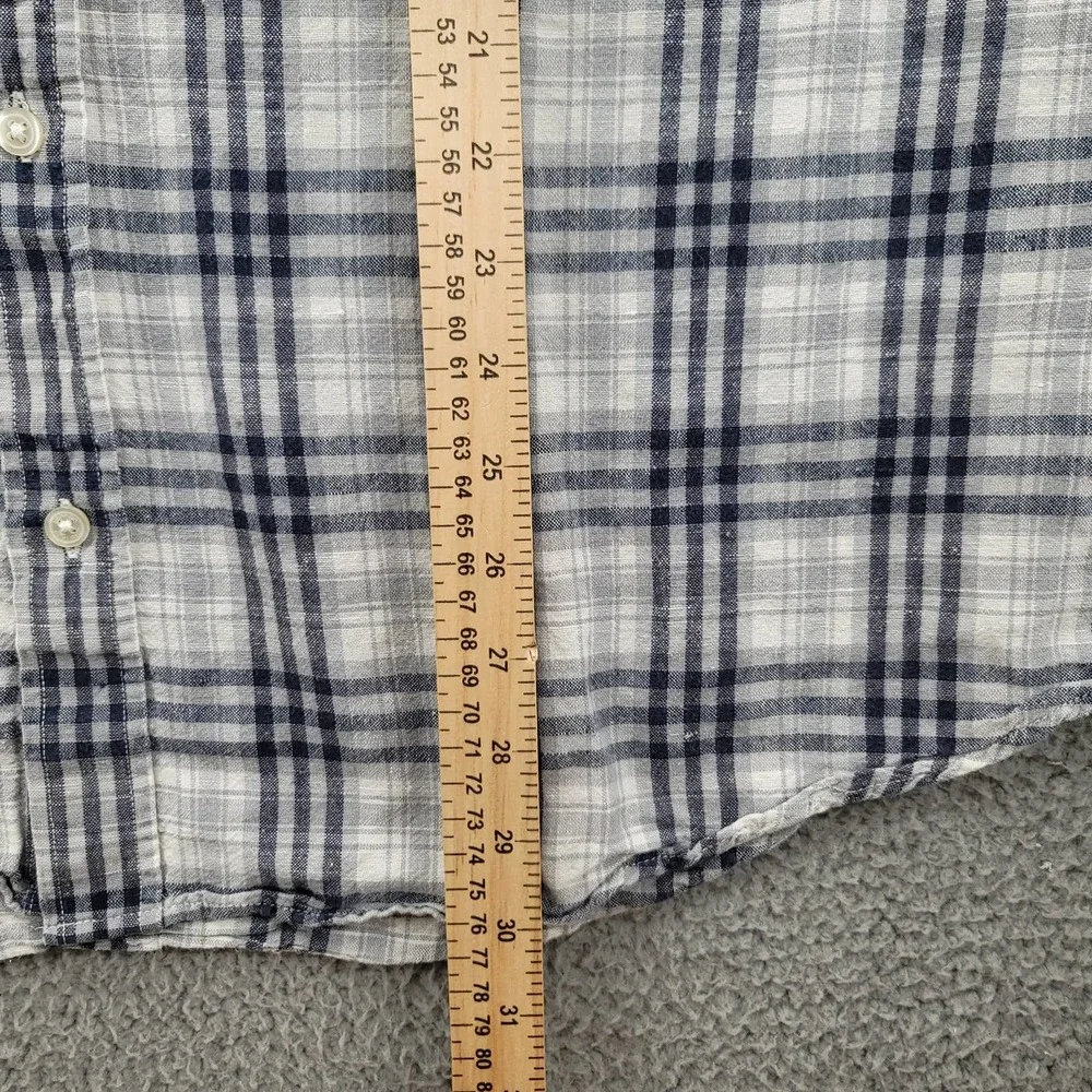 Banana Republic Shirt Mens XL White Blue Plaid Linen Button Up Long Sleeve‎